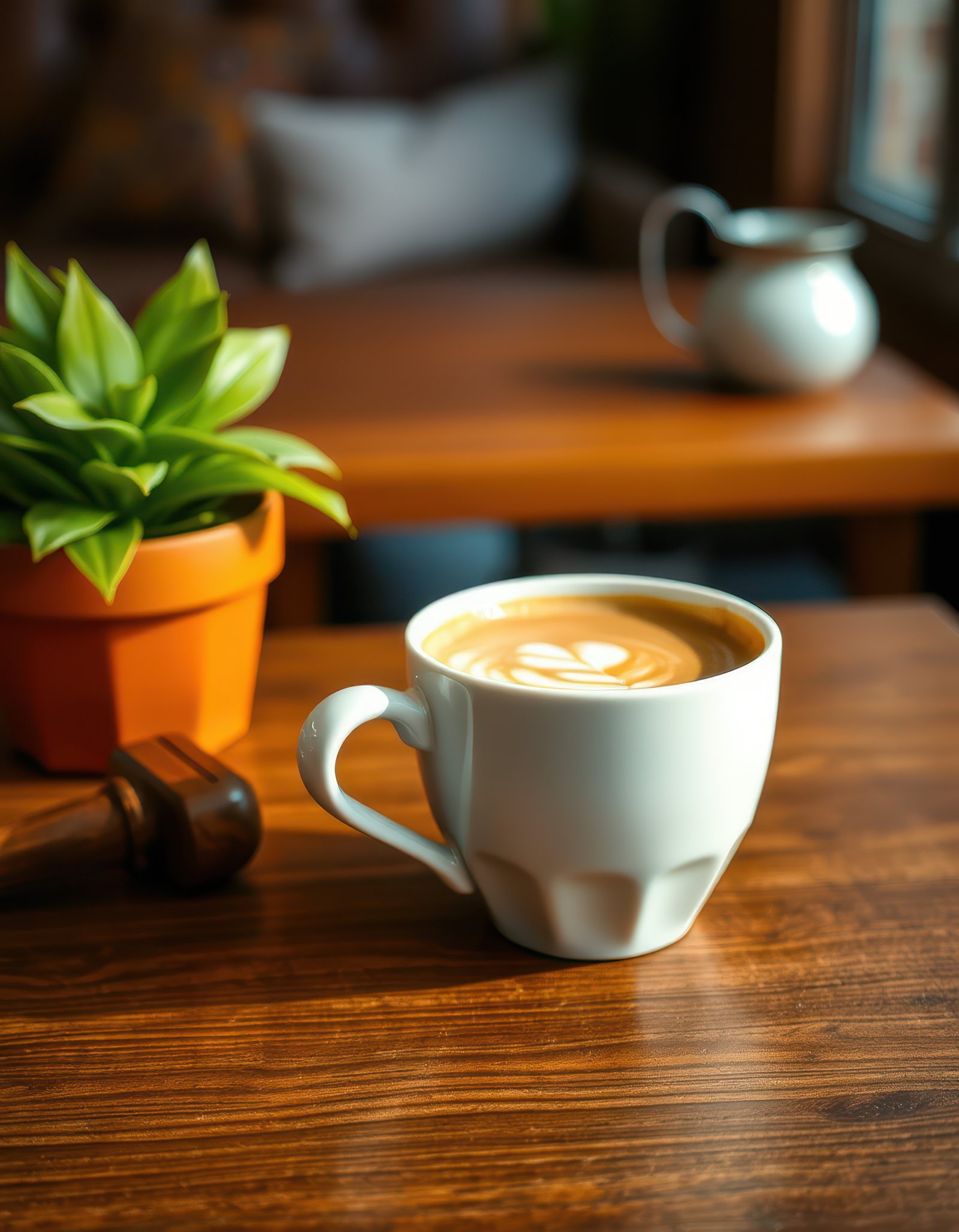 Warm latte in a cozy cafe setting with plants and wooden table during the afternoon